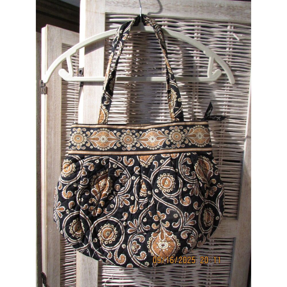 Vera Bradley medium sized purse bag black, tan zipper closure